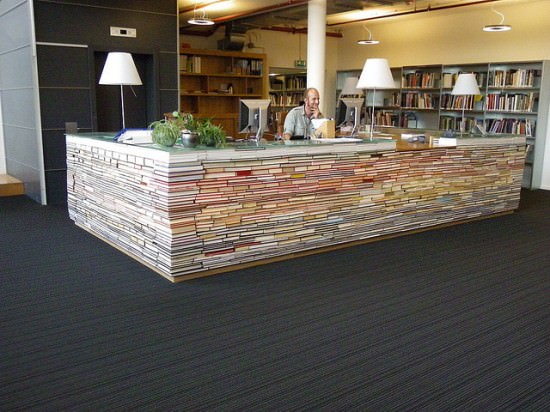 reception desk made out books
